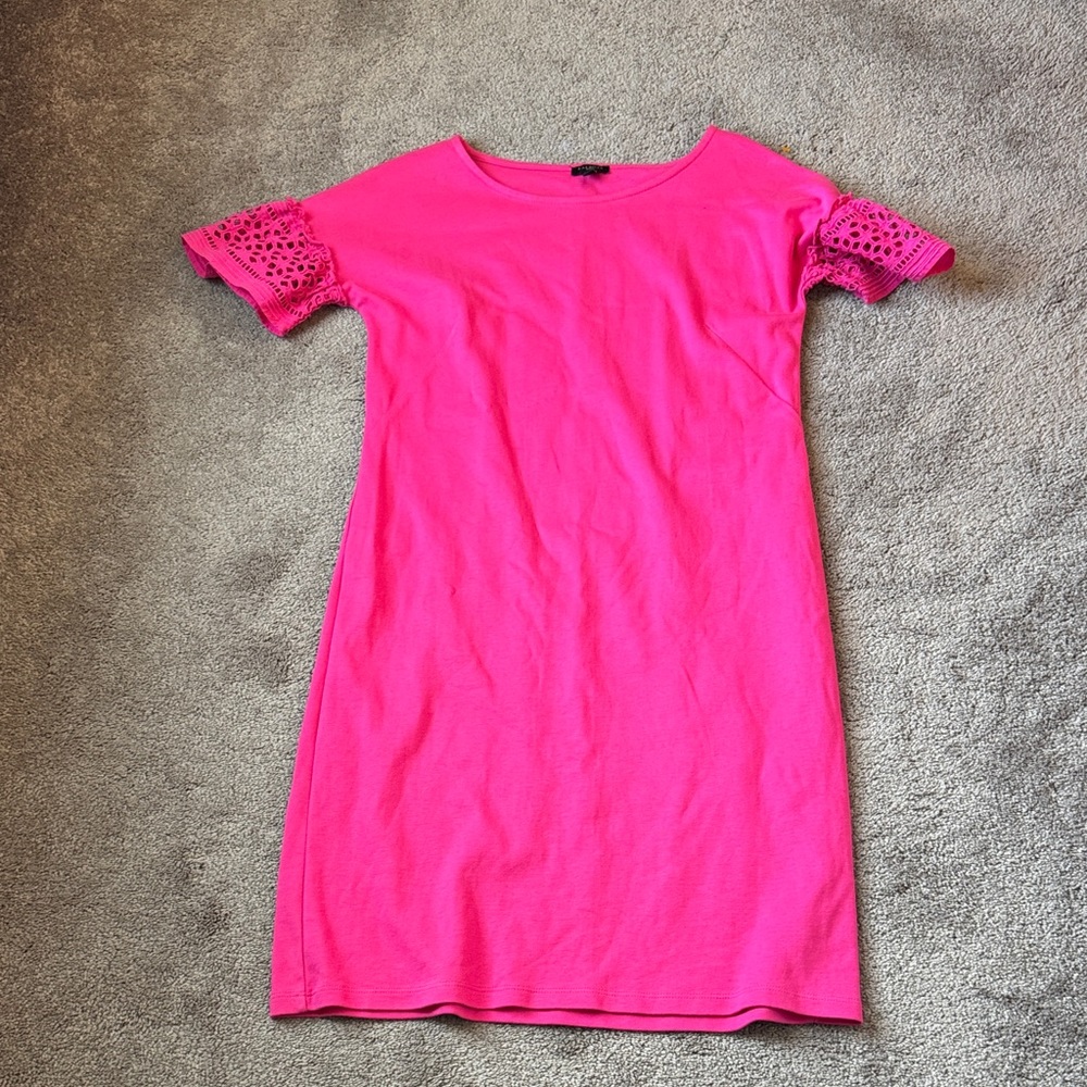 Talbots Hot Pink Shift Dress Lace Eyelet Sleeves Short Sleeve Casual SIZE Sp